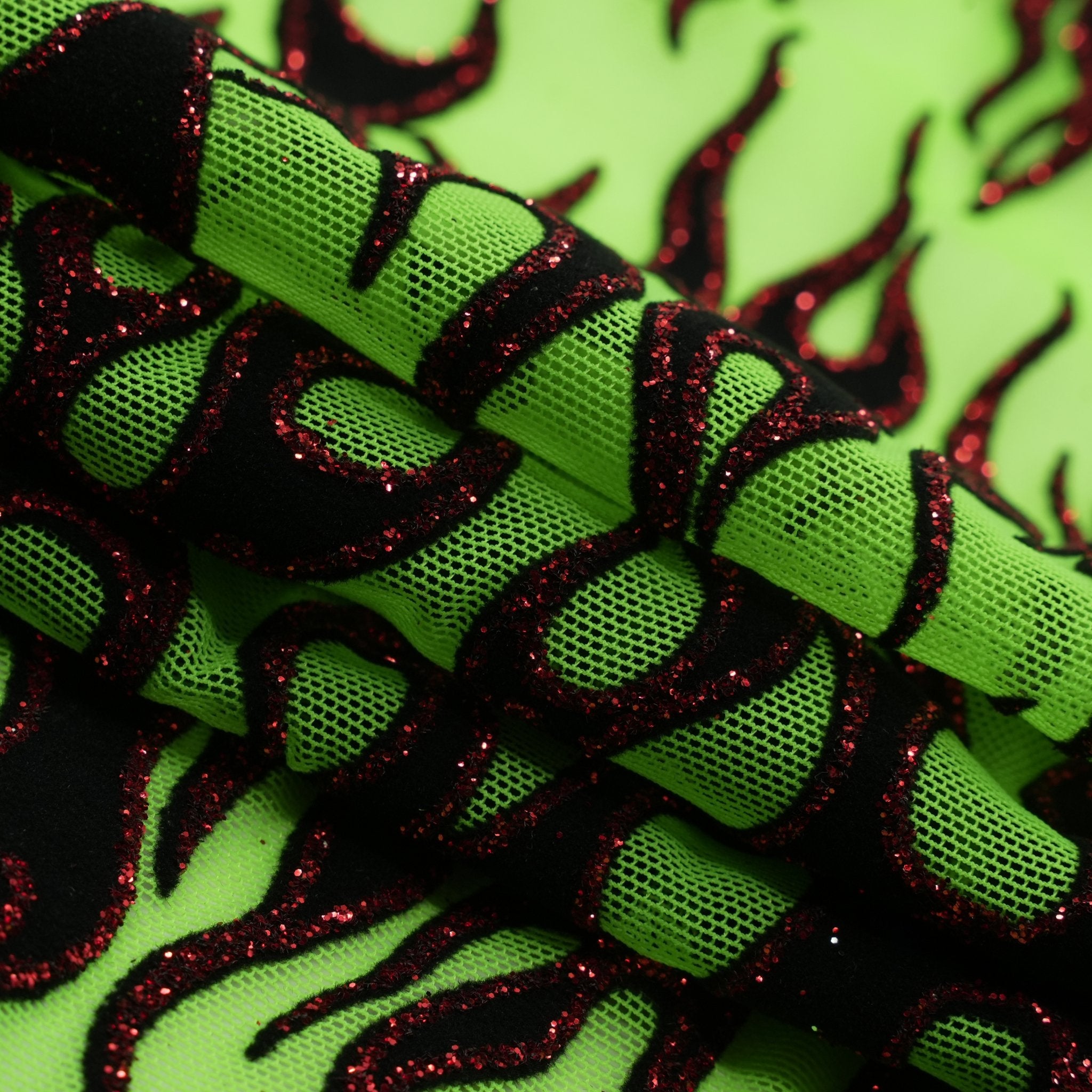 Fiery Glittered Flocked Stretch Mesh Fabric | Blue Moon Fabrics