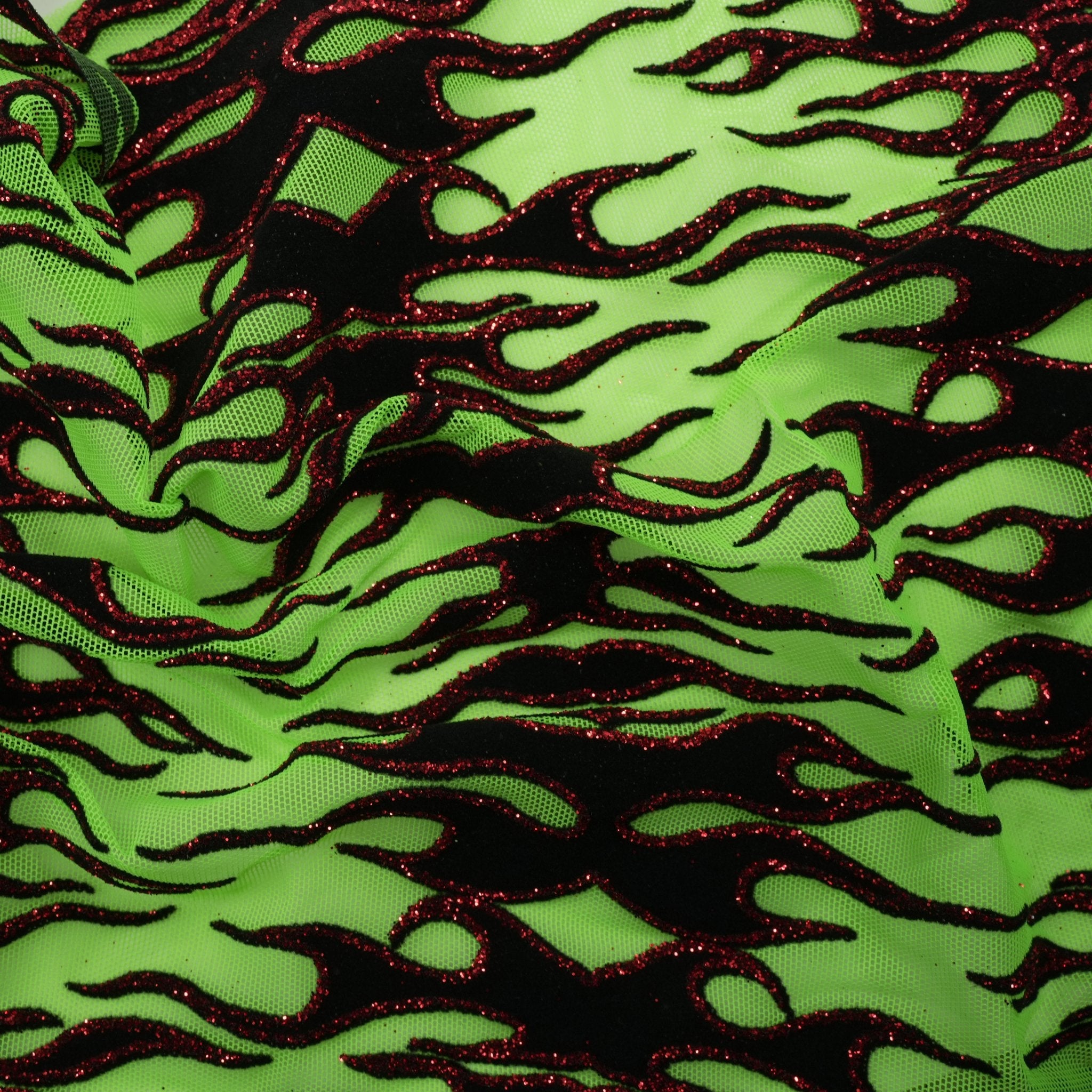 Fiery Glittered Flocked Stretch Mesh Fabric | Blue Moon Fabrics