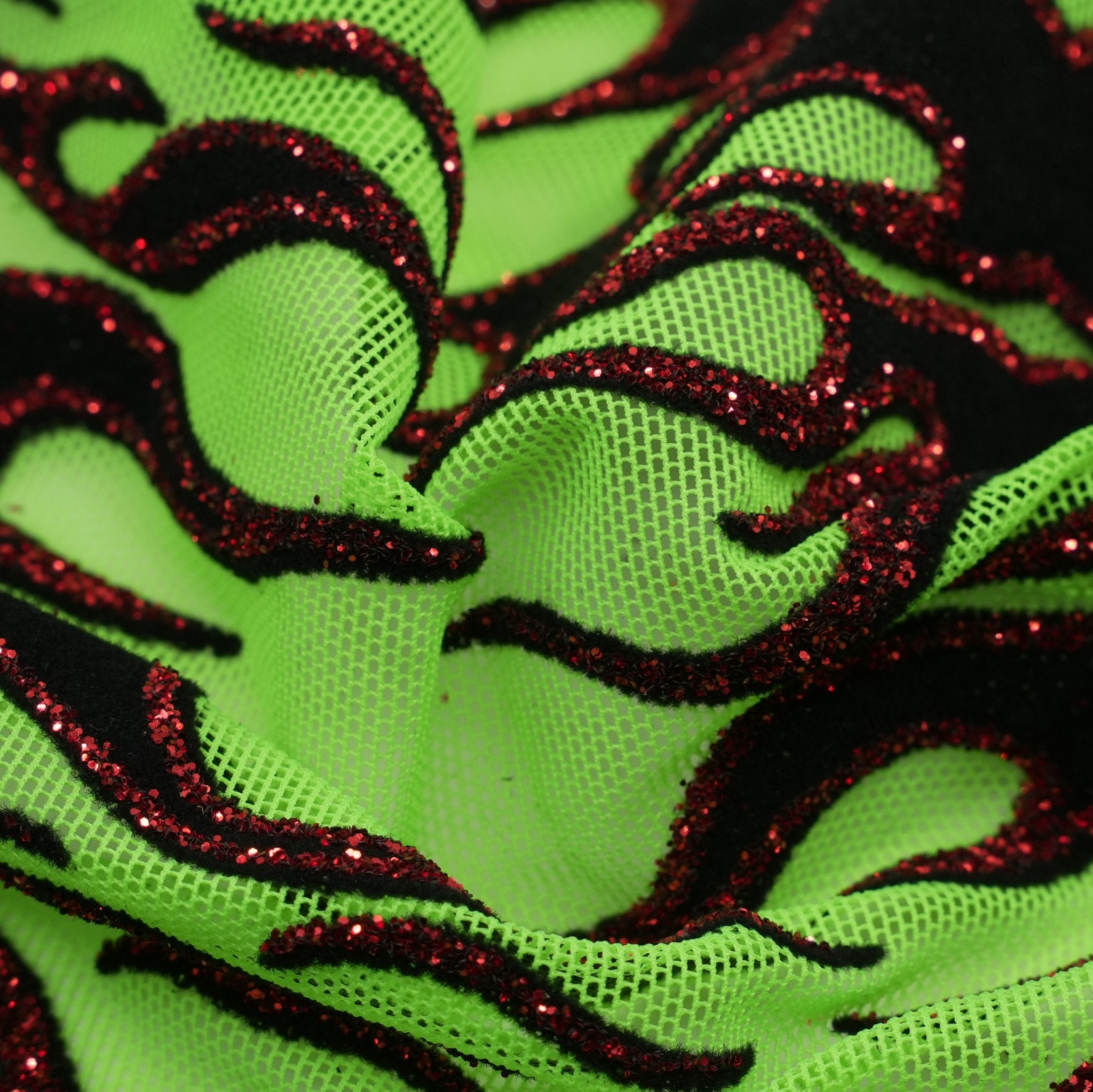 Fiery Glittered Flocked Stretch Mesh Fabric | Blue Moon Fabrics