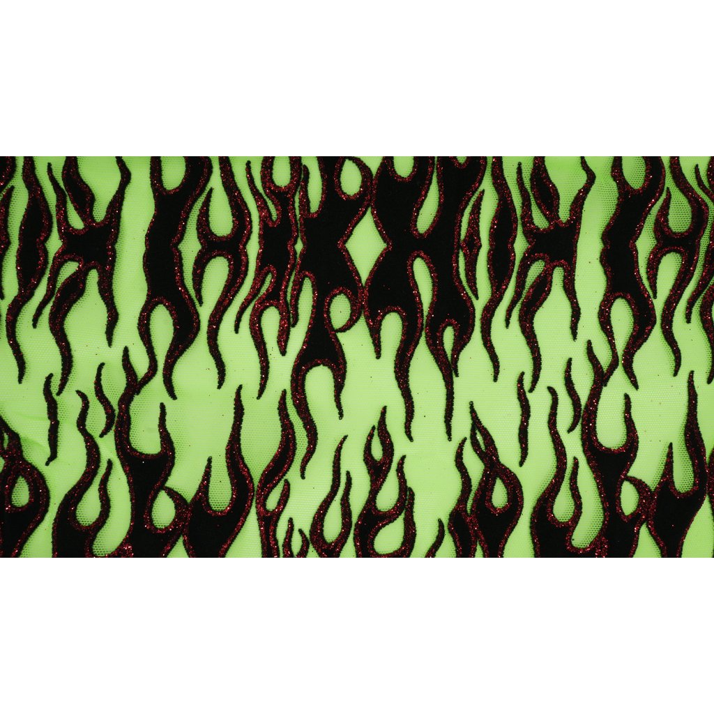 Fiery Glittered Flocked Stretch Mesh Fabric | Blue Moon Fabrics