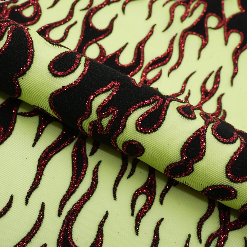 Fiery Glittered Flocked Stretch Mesh Fabric | Blue Moon Fabrics