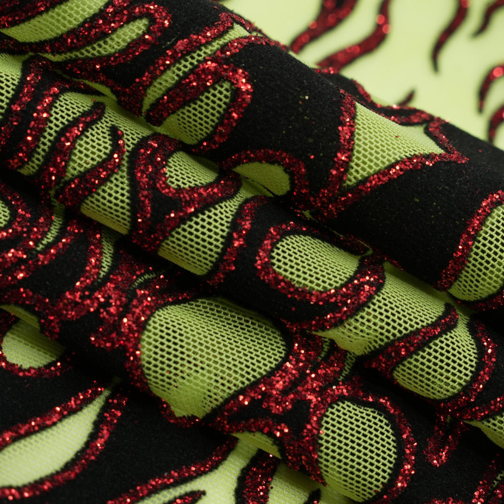 Fiery Glittered Flocked Stretch Mesh Fabric | Blue Moon Fabrics