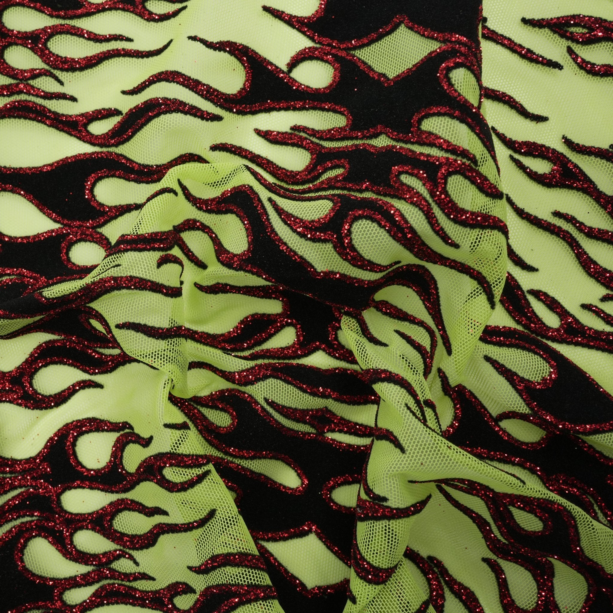 Fiery Glittered Flocked Stretch Mesh Fabric | Blue Moon Fabrics