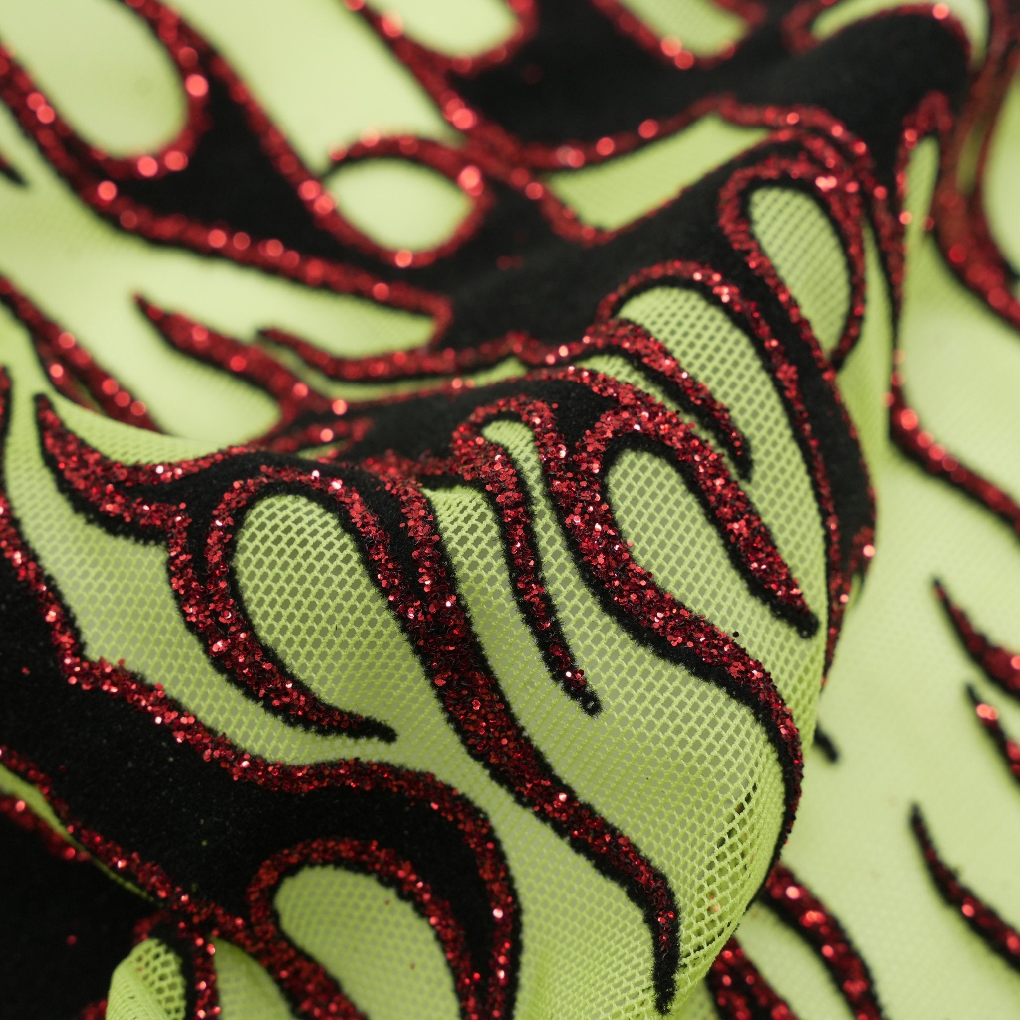 Fiery Glittered Flocked Stretch Mesh Fabric | Blue Moon Fabrics