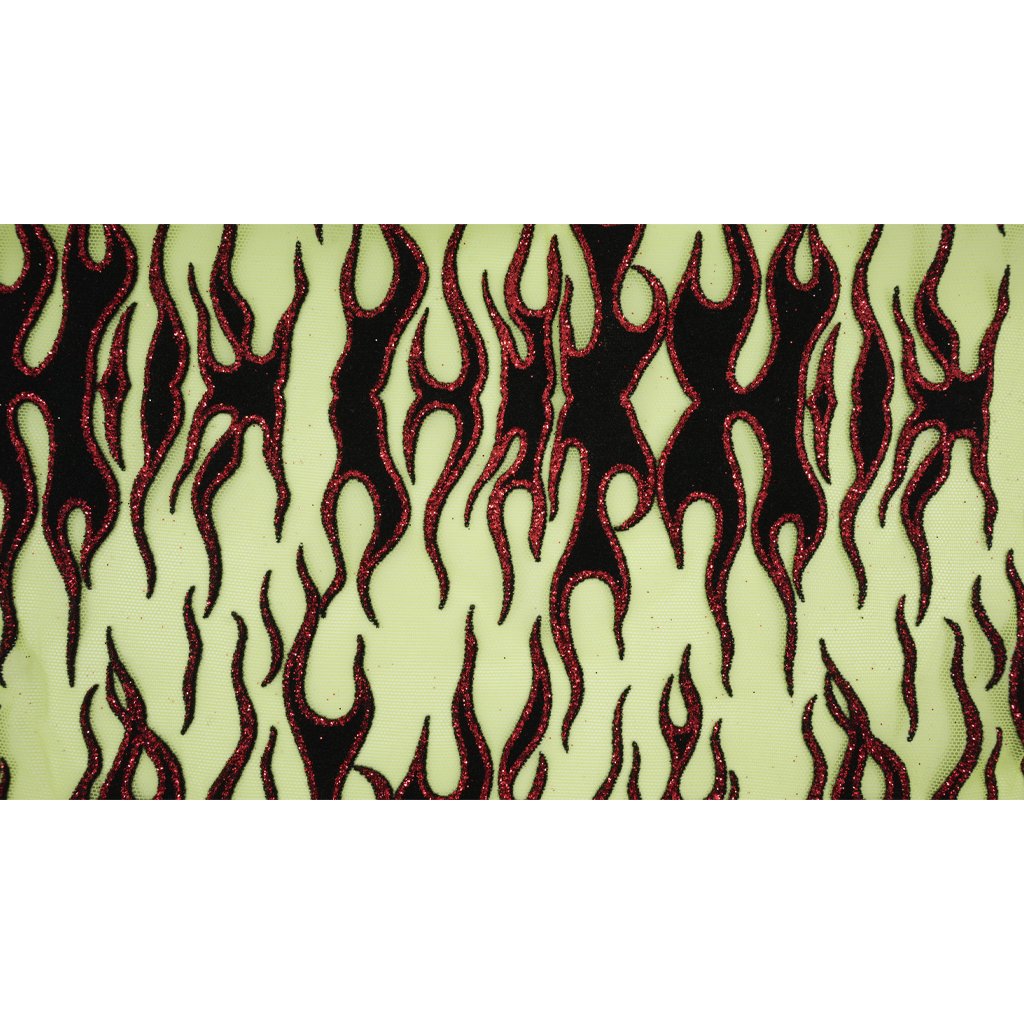 Fiery Glittered Flocked Stretch Mesh Fabric | Blue Moon Fabrics