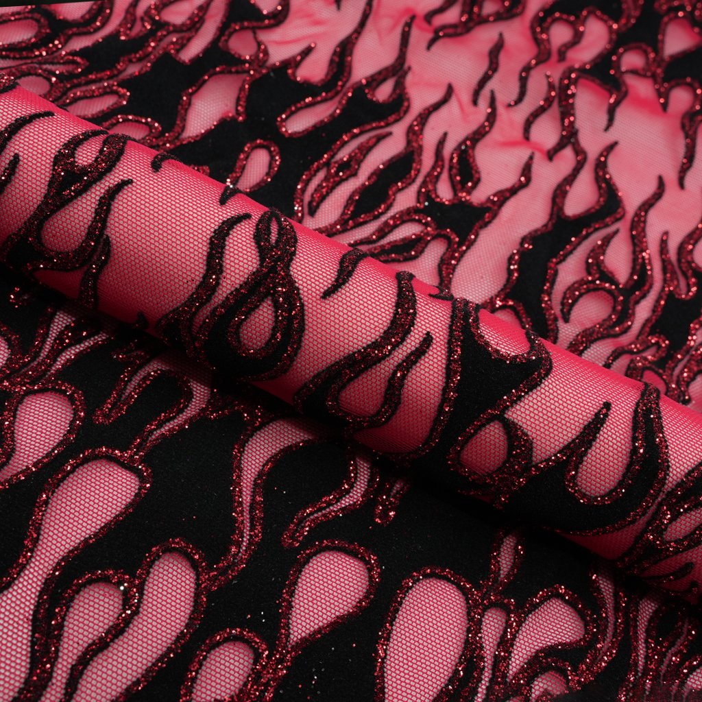 Fiery Glittered Flocked Stretch Mesh Fabric | Blue Moon Fabrics