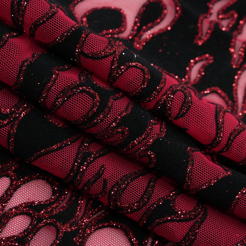 Fiery Glittered Flocked Stretch Mesh Fabric | Blue Moon Fabrics