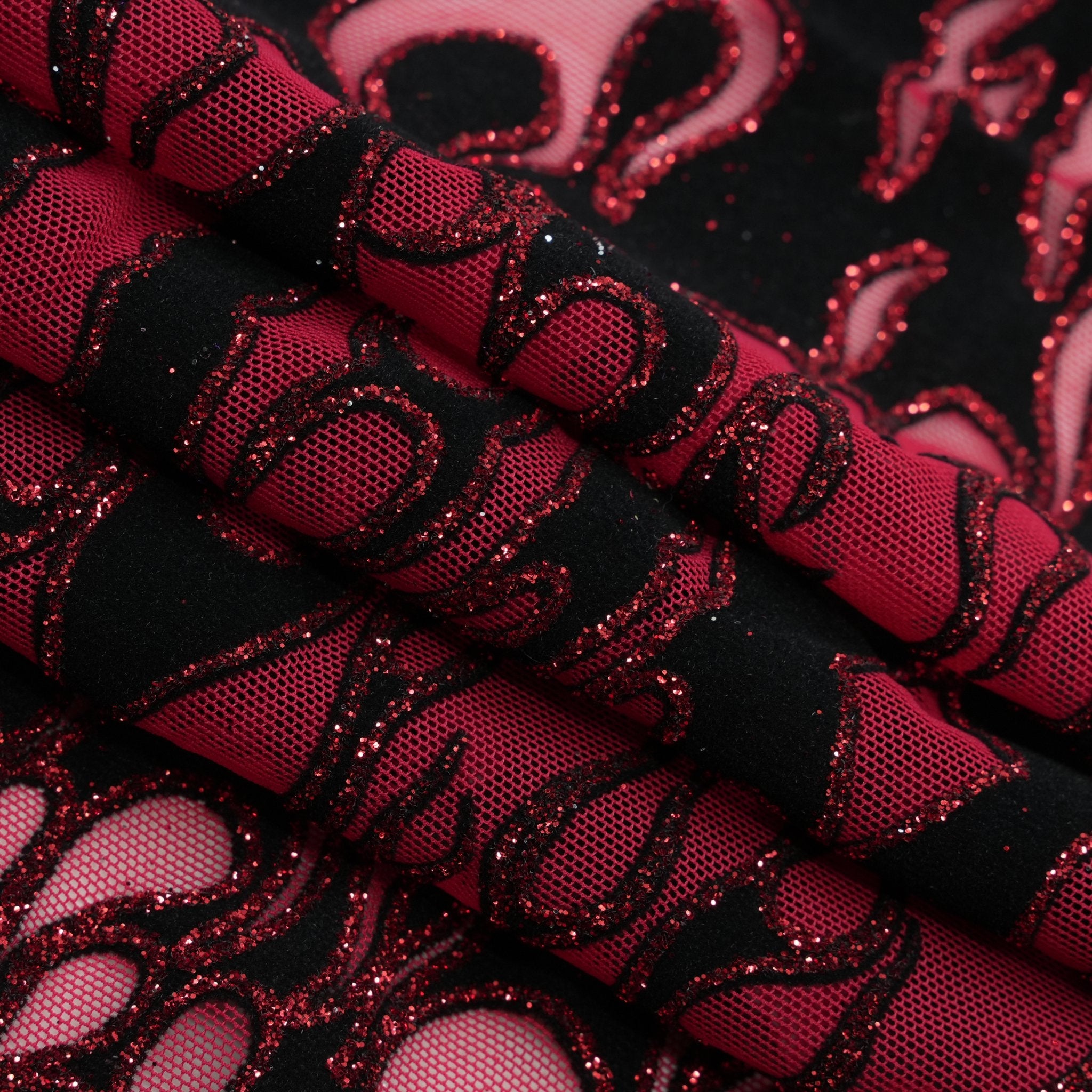 Fiery Glittered Flocked Stretch Mesh Fabric | Blue Moon Fabrics