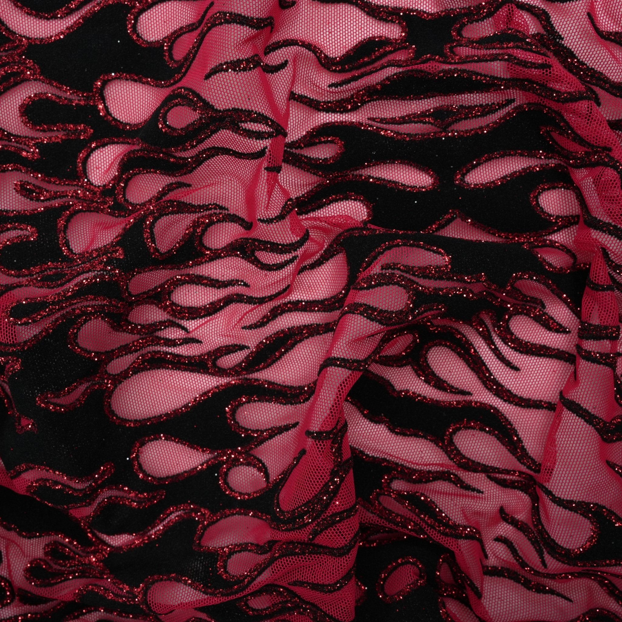 Fiery Glittered Flocked Stretch Mesh Fabric | Blue Moon Fabrics