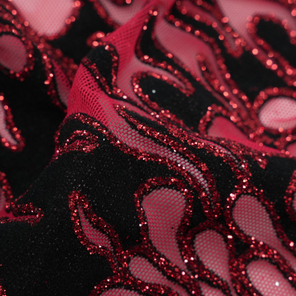 Fiery Glittered Flocked Stretch Mesh Fabric | Blue Moon Fabrics