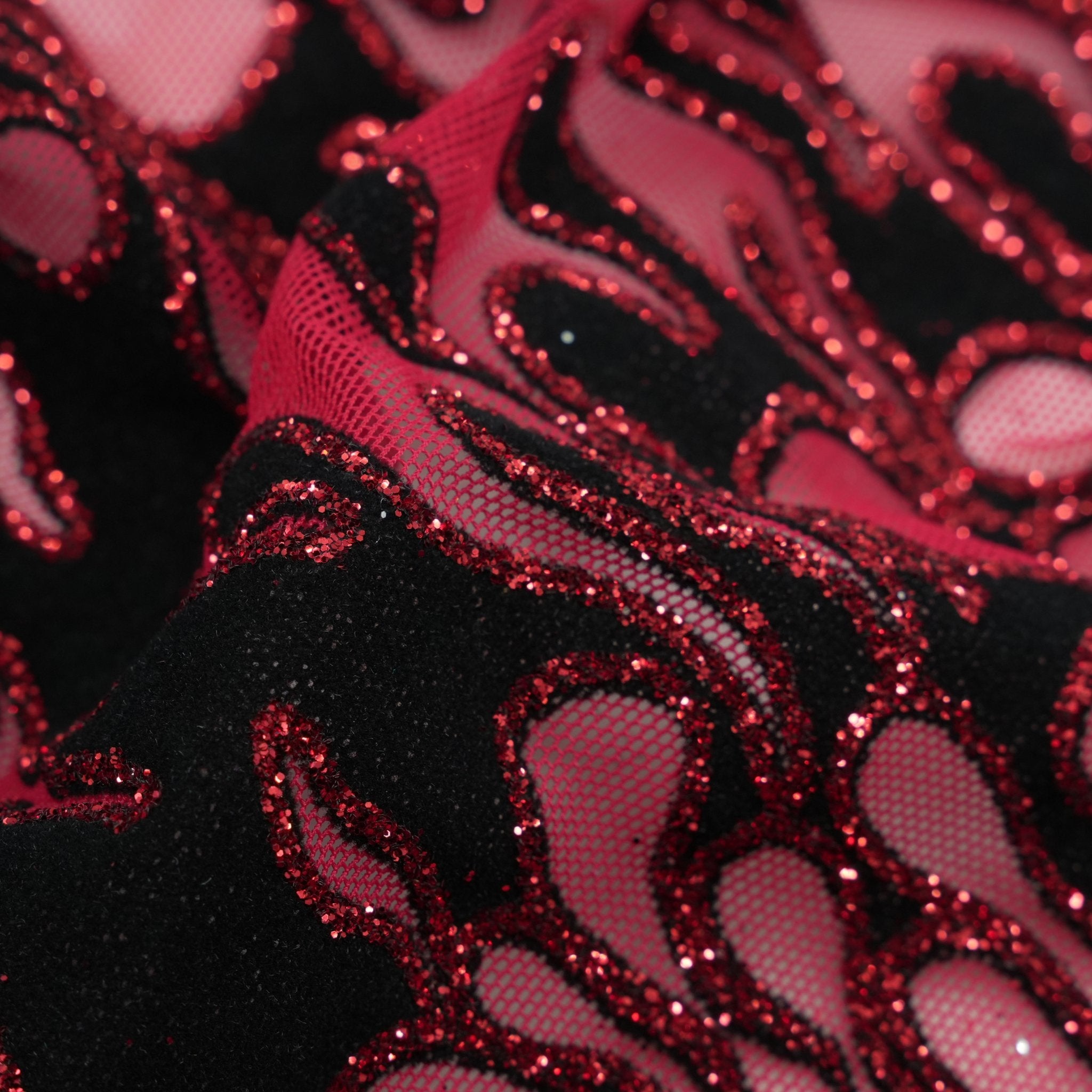 Fiery Glittered Flocked Stretch Mesh Fabric | Blue Moon Fabrics