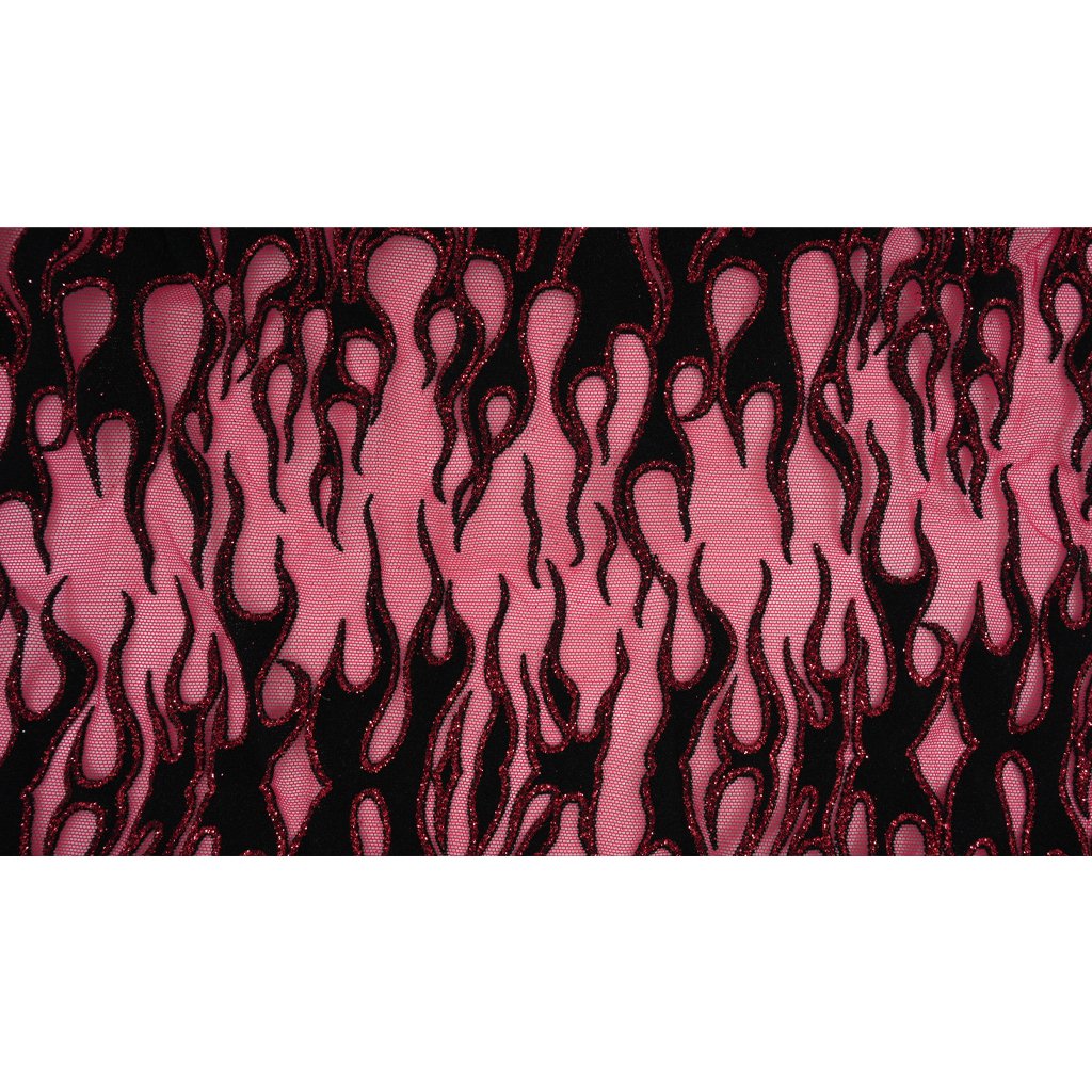 Fiery Glittered Flocked Stretch Mesh Fabric | Blue Moon Fabrics