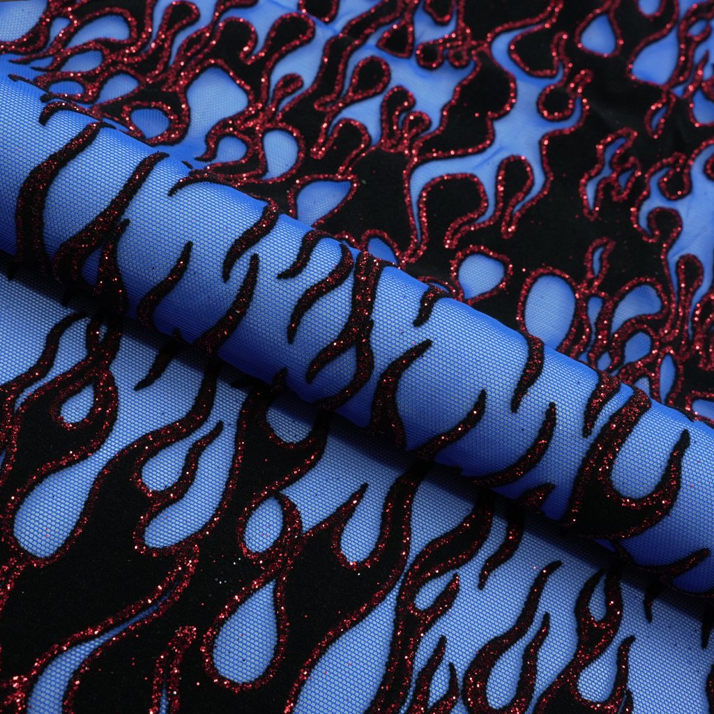 Fiery Glittered Flocked Stretch Mesh Fabric | Blue Moon Fabrics