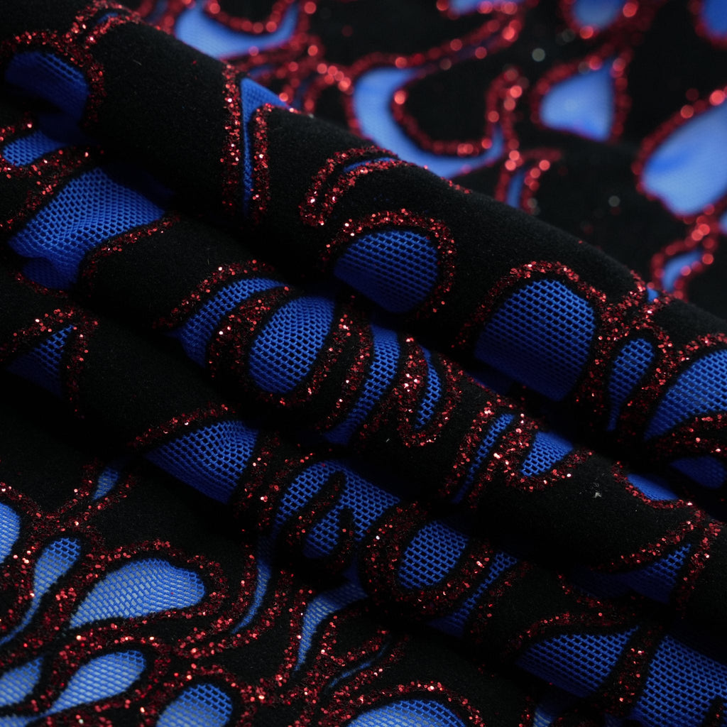 Fiery Glittered Flocked Stretch Mesh Fabric | Blue Moon Fabrics