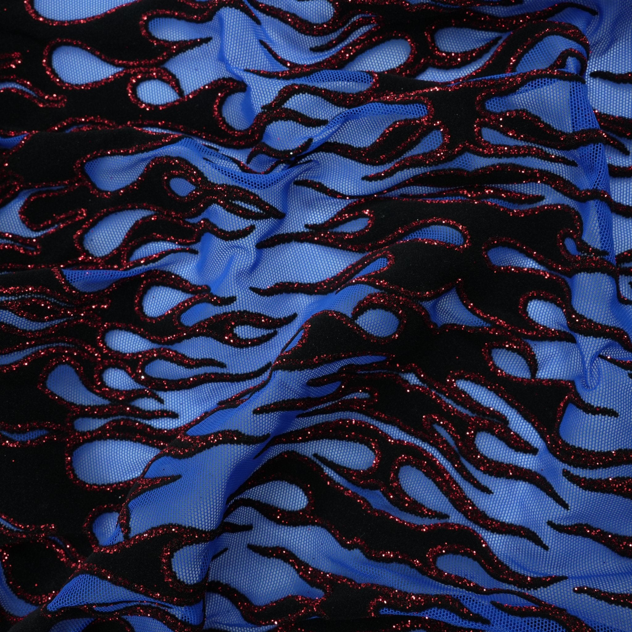 Fiery Glittered Flocked Stretch Mesh Fabric | Blue Moon Fabrics
