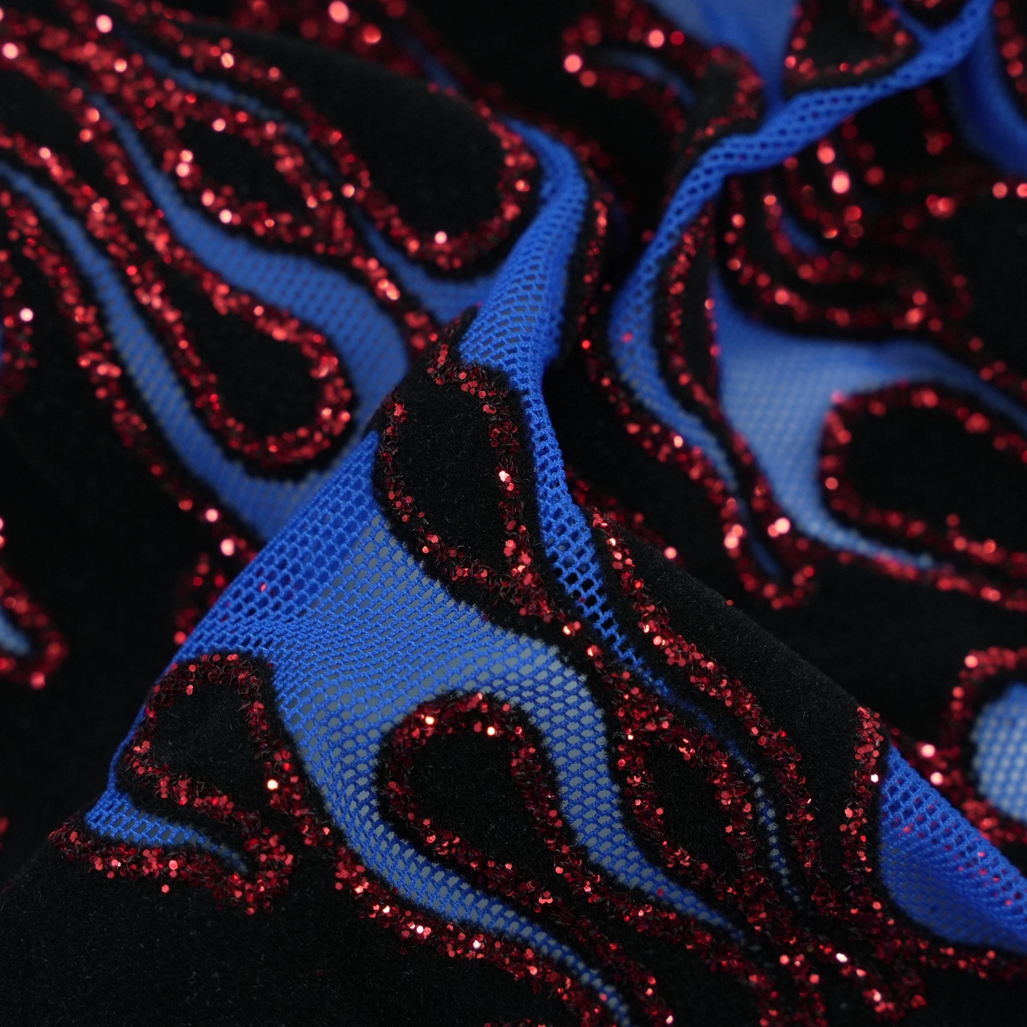 Fiery Glittered Flocked Stretch Mesh Fabric | Blue Moon Fabrics