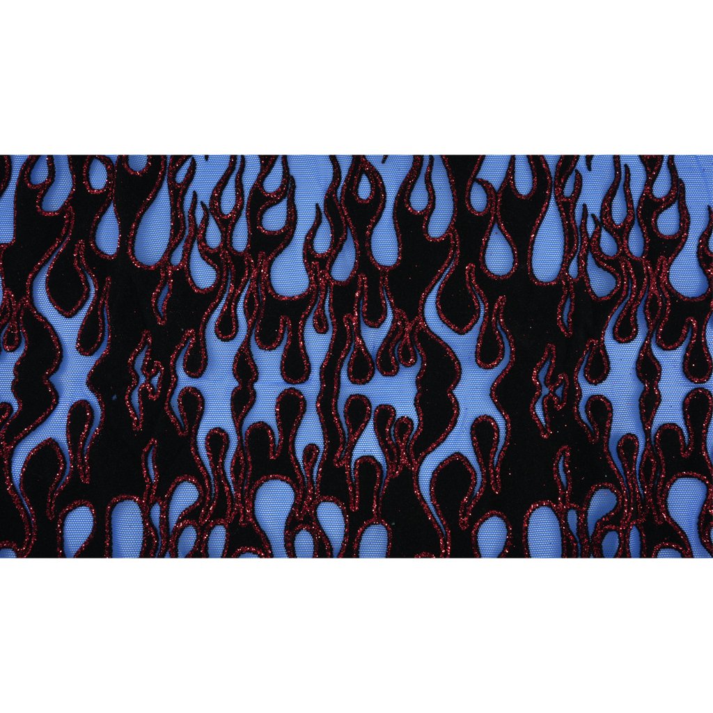 Fiery Glittered Flocked Stretch Mesh Fabric | Blue Moon Fabrics