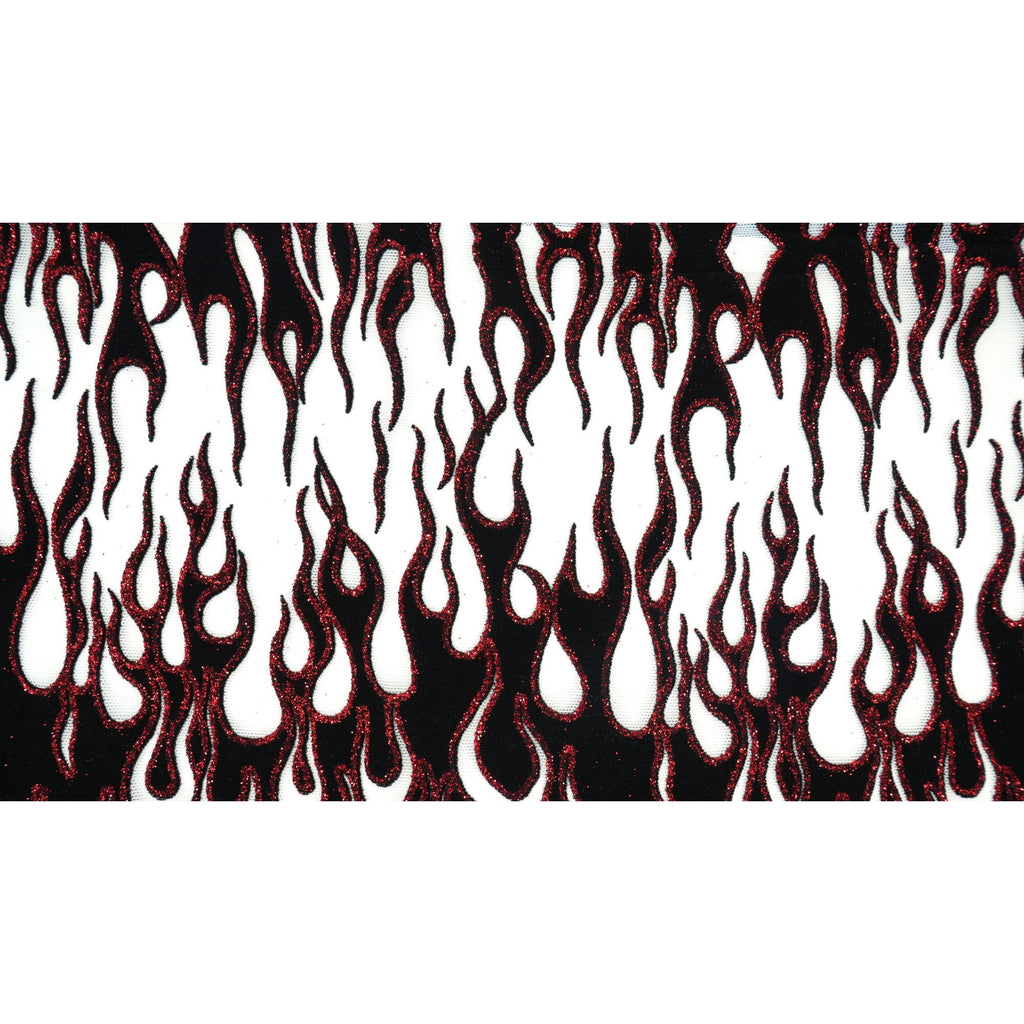 Fiery Glittered Flocked Stretch Mesh Fabric | Blue Moon Fabrics