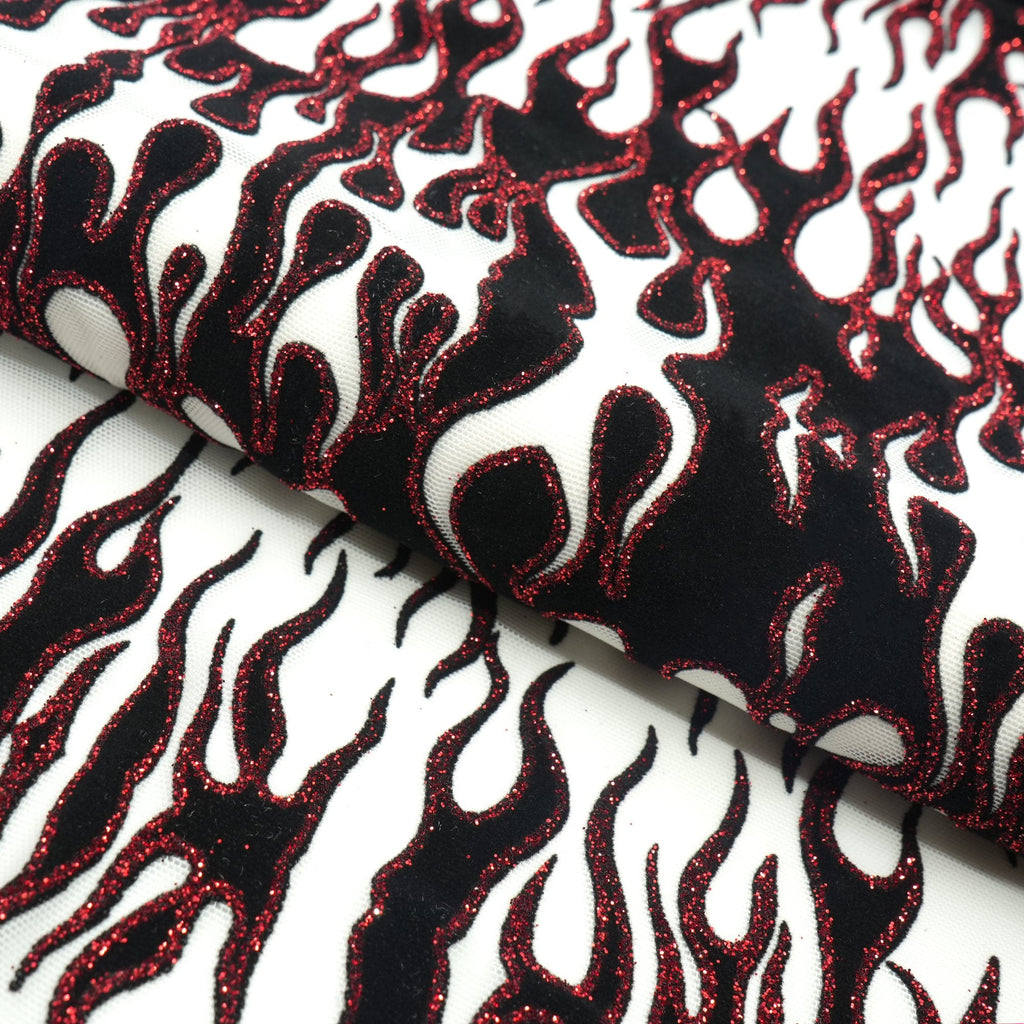 Fiery Glittered Flocked Stretch Mesh Fabric | Blue Moon Fabrics