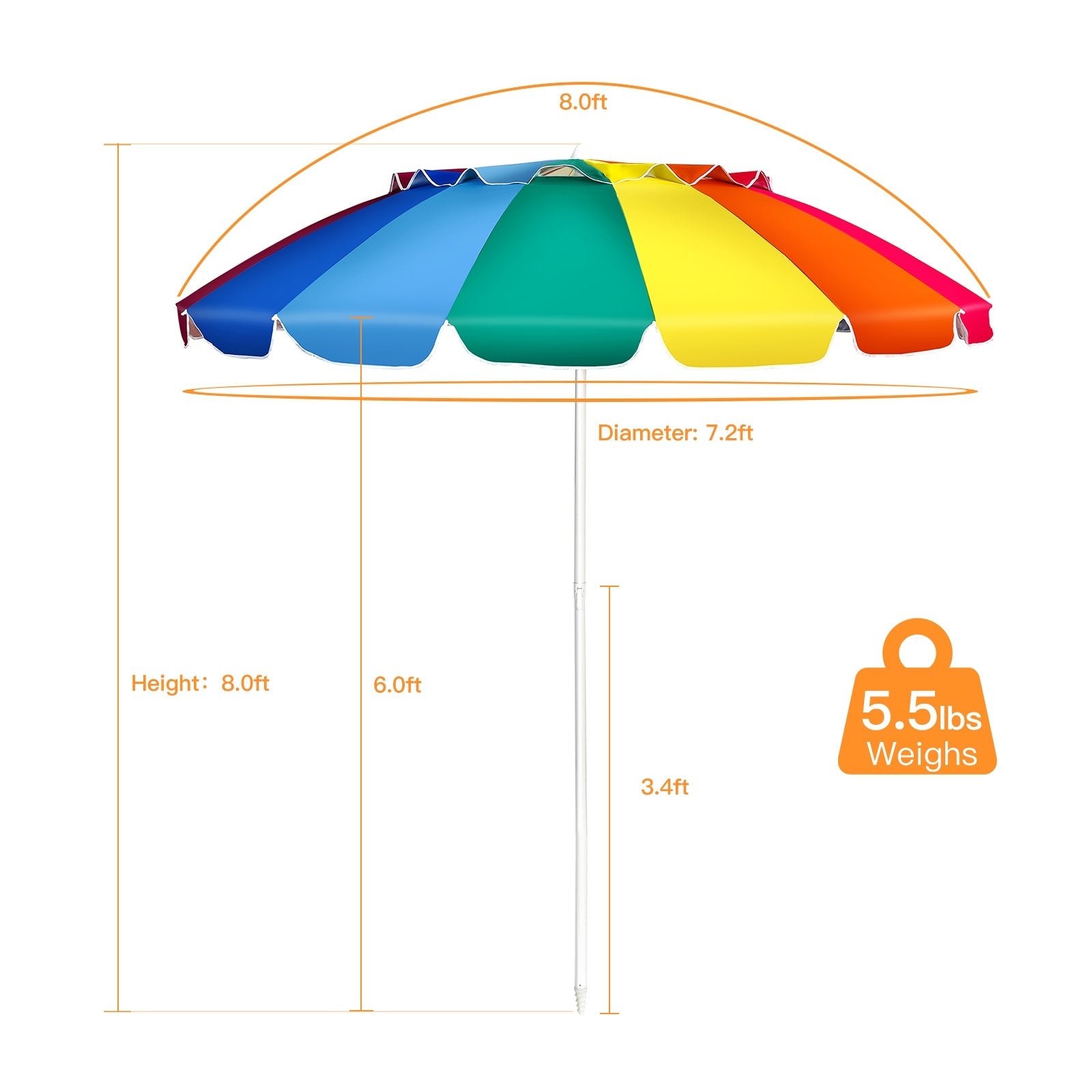 8FT Portable Beach Umbrella with Sand Anchor and Tilt Mechanism for Garden and Patio