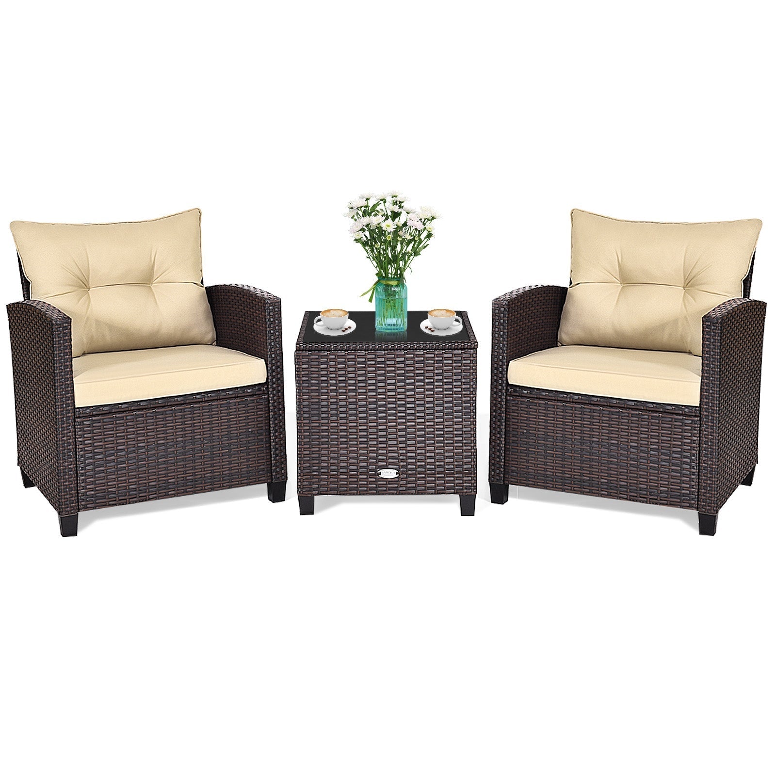 3 Pcs Patio Rattan Furniture Set Cushioned Conversation Set Coffee Table-Beige