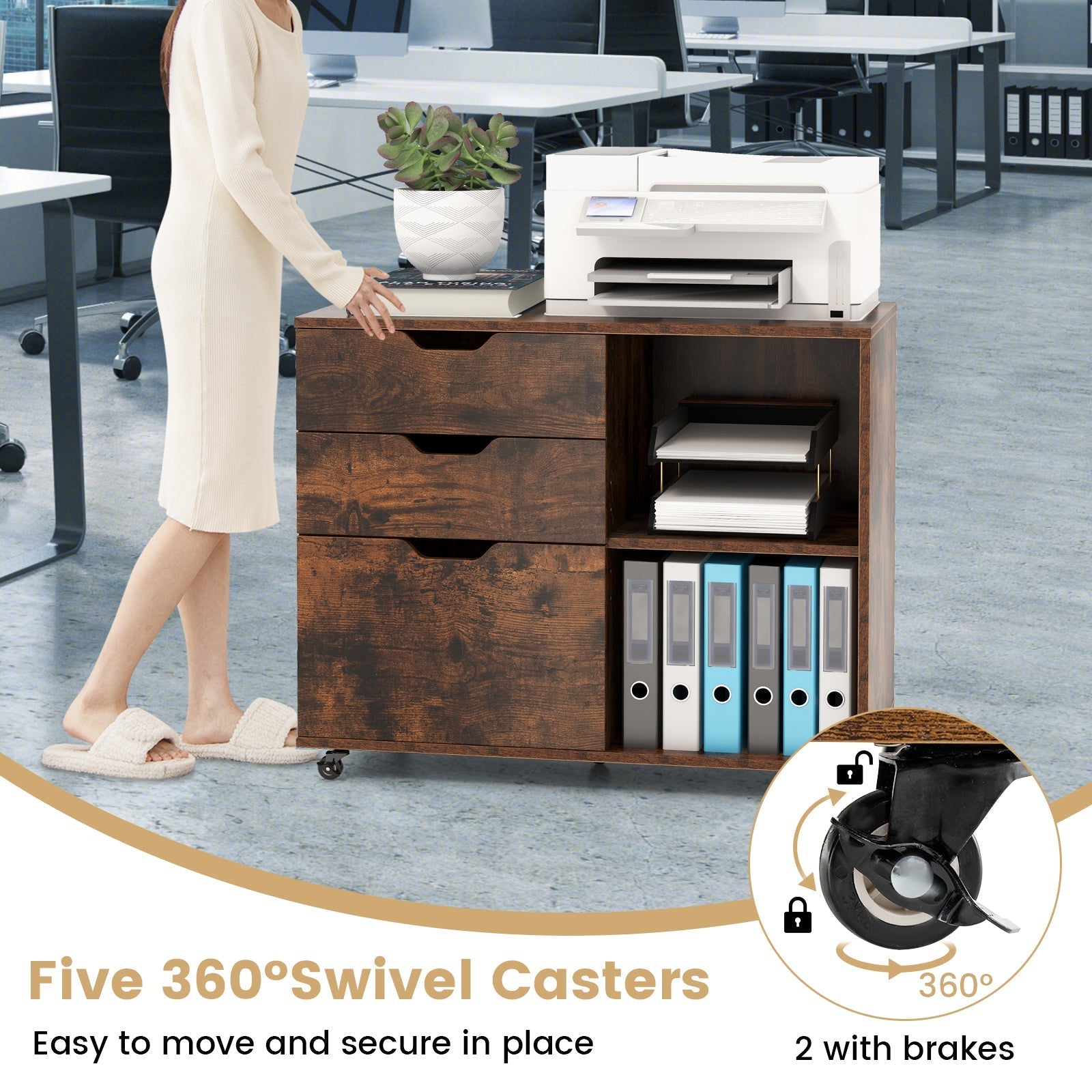 3-Drawer File Cabinet with Adjustable Shelf and Wheels for Letter