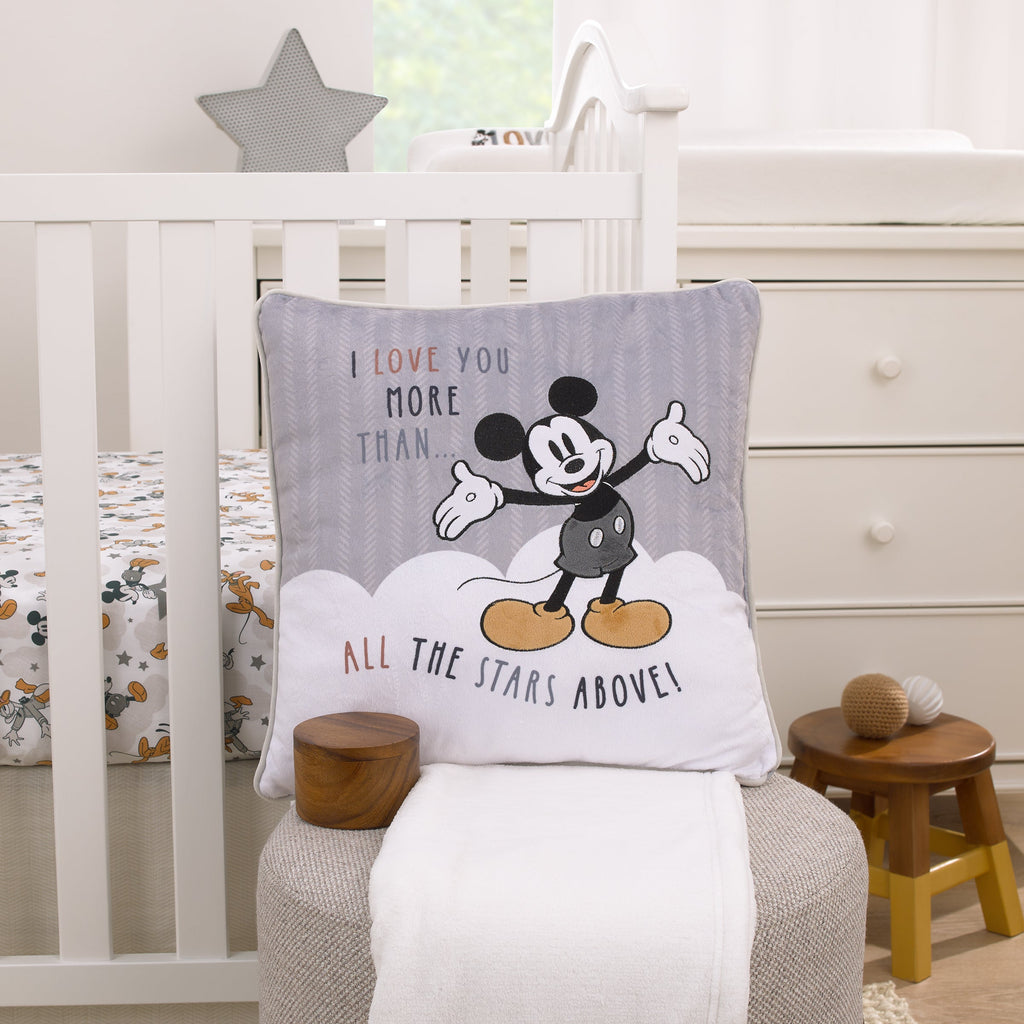 Mickey Mouse Love Mickey Gray, White, Black, and Tan I Love You More Than All The Stars Above Applique Decorative Pillow