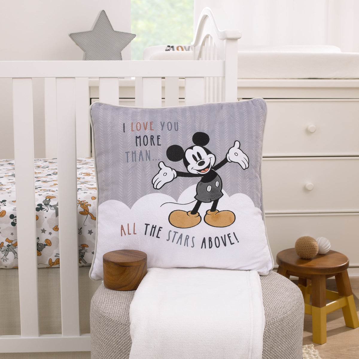 Mickey Mouse Love Mickey Gray, White, Black, and Tan I Love You More Than All The Stars Above Applique Decorative Pillow