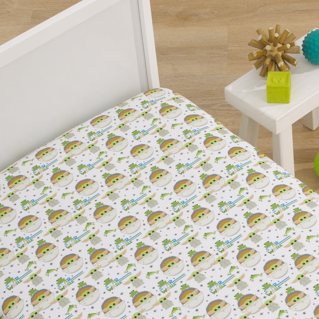 The Mandalorian Grogu White, Green, and Blue Nursery Fitted Crib Sheet