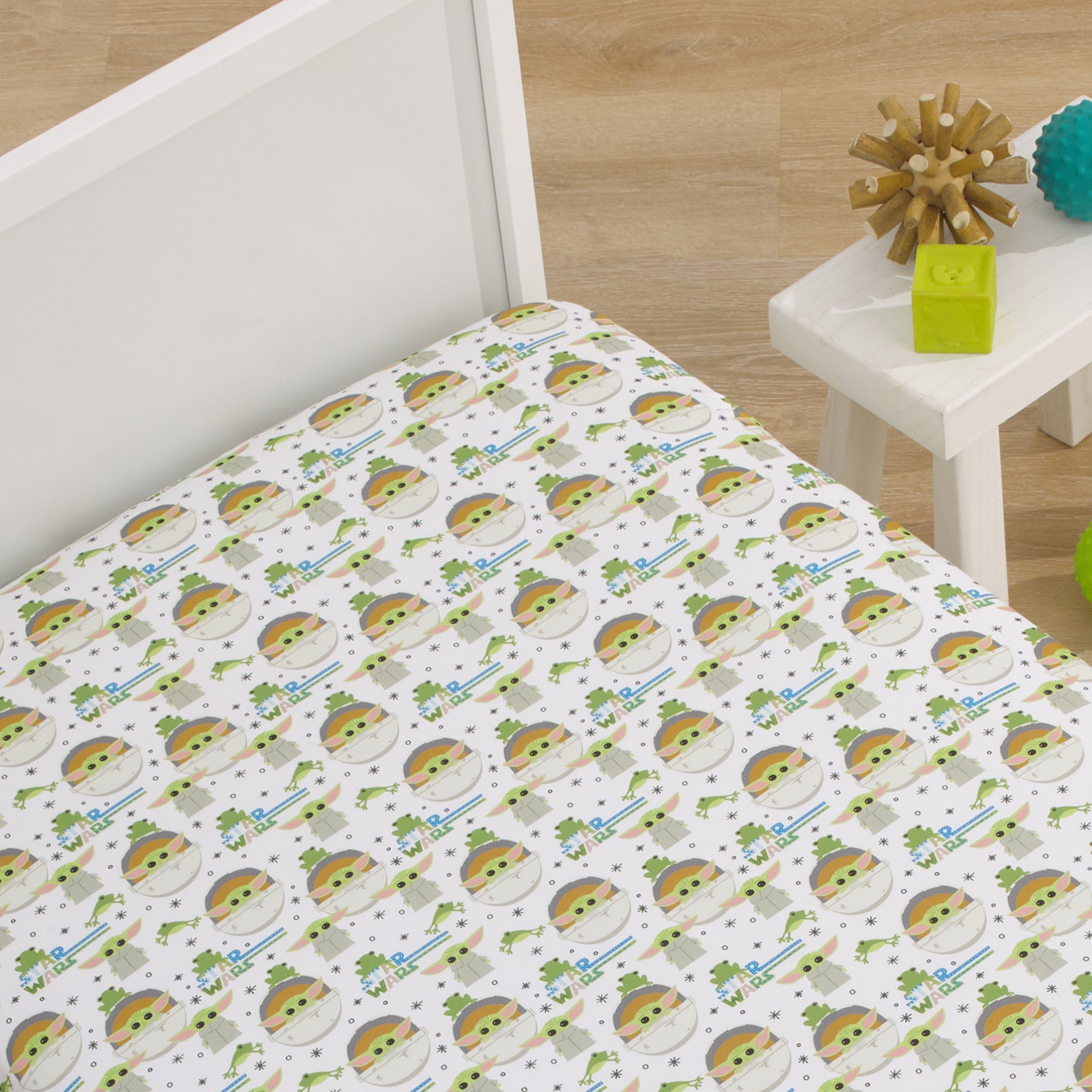 The Mandalorian Grogu White, Green, and Blue Nursery Fitted Crib Sheet