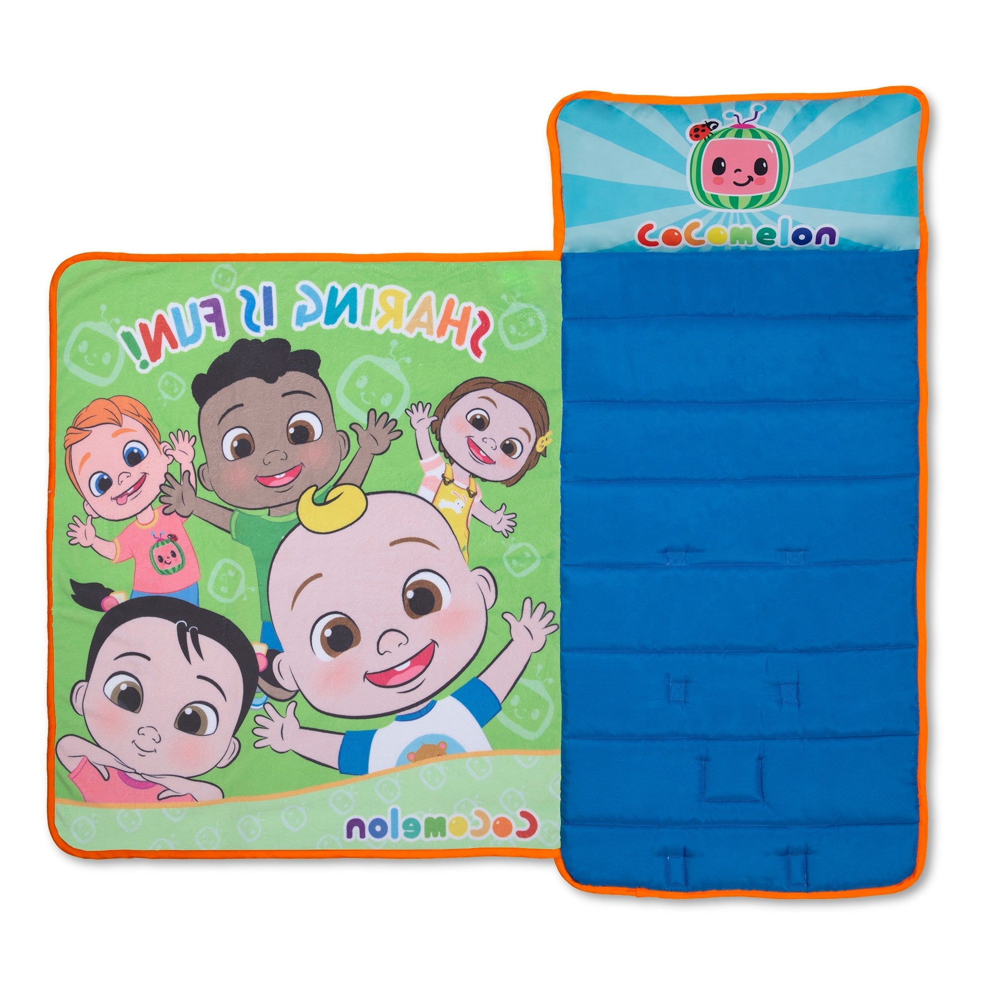 NoJo CoComelon Plush Toddler Nap Mat - Includes Attached Pillow and Fleece Blanket, Green, and Blue
