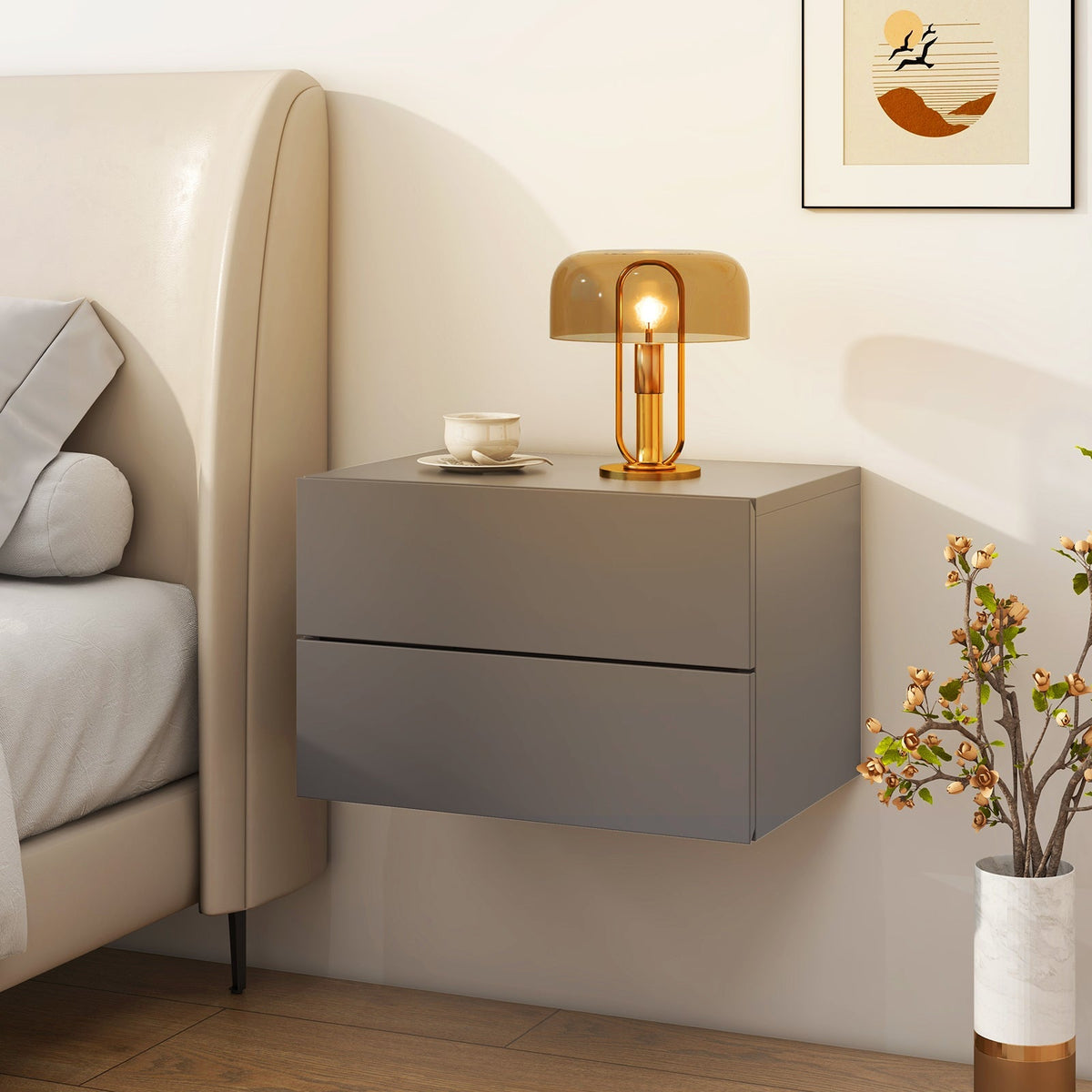 Floating Nightstand with Drawers and Storage Shelf