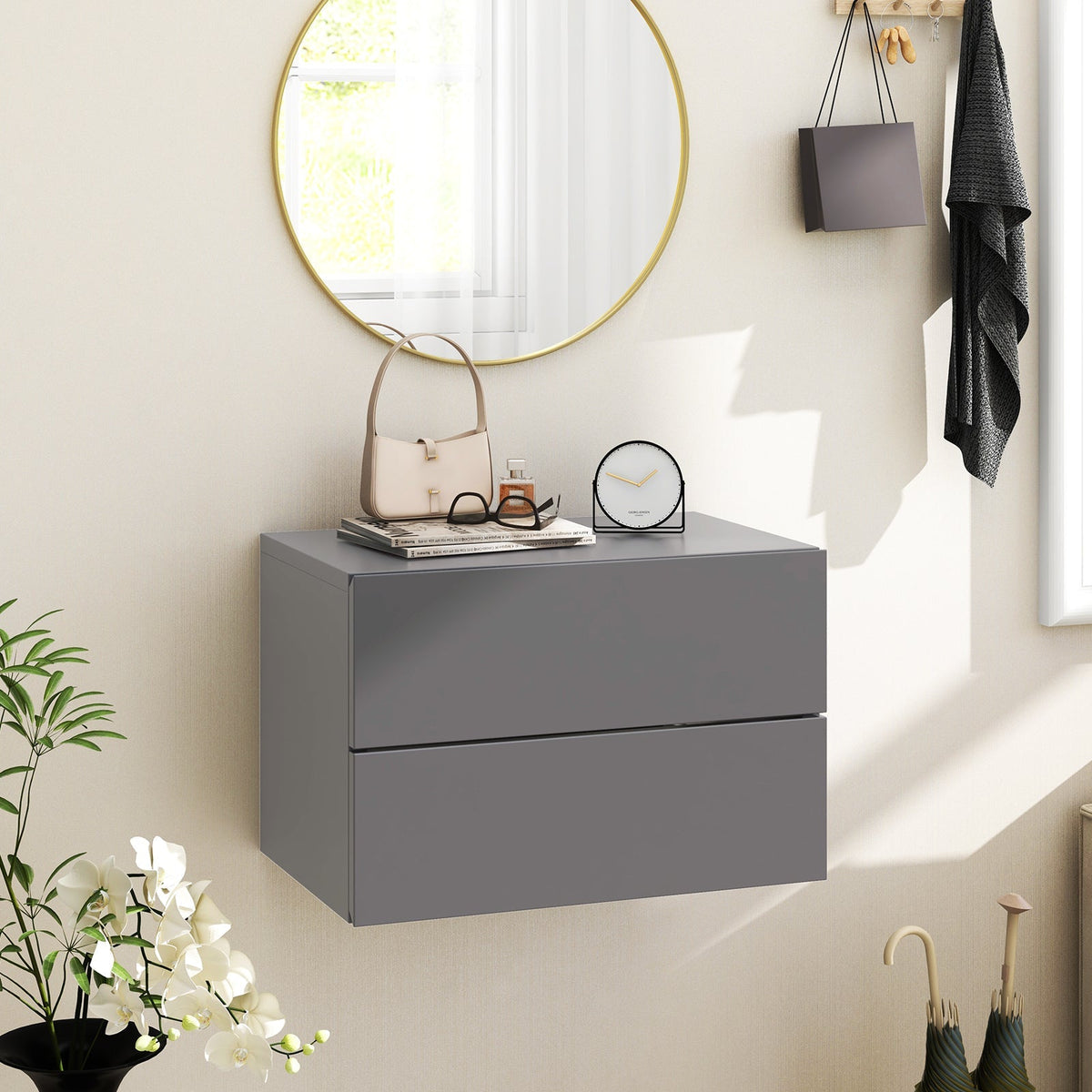Floating Nightstand with Drawers and Storage Shelf