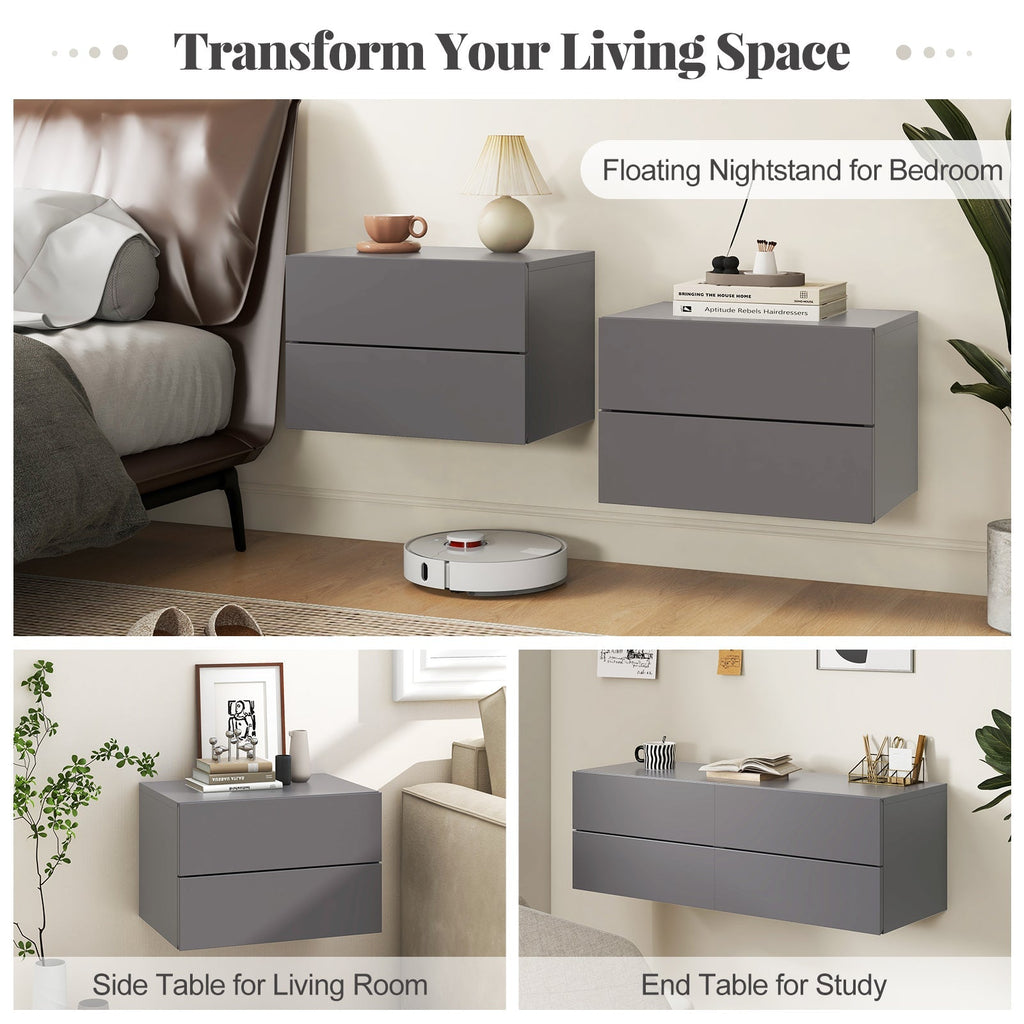 Floating Nightstand with Drawers and Storage Shelf