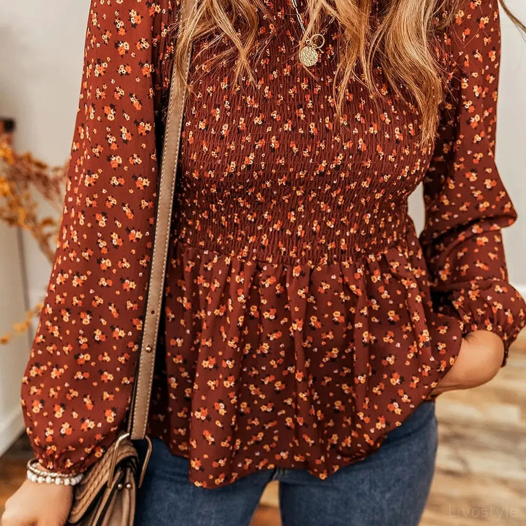 Floral Long Sleeve Blouse with Smocked Ruffled Hem