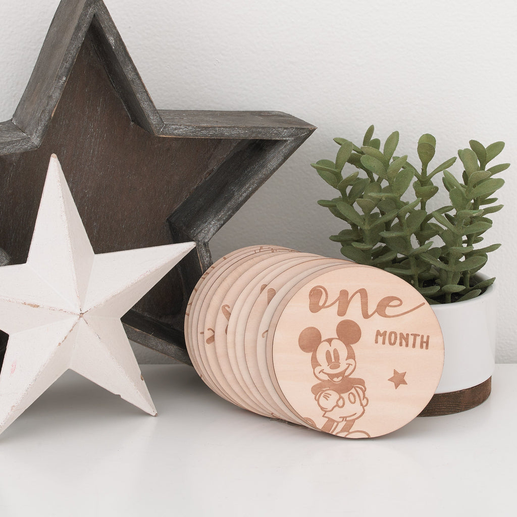 Mickey Mouse Natural Wood Tone, 12 Piece Wooden Engraved Milestone Cards