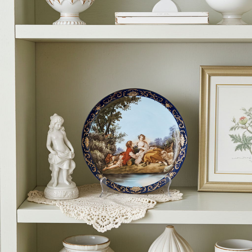 Hand‑Painted Courting Scene Plate with Cobalt Crust‑Gold Rim