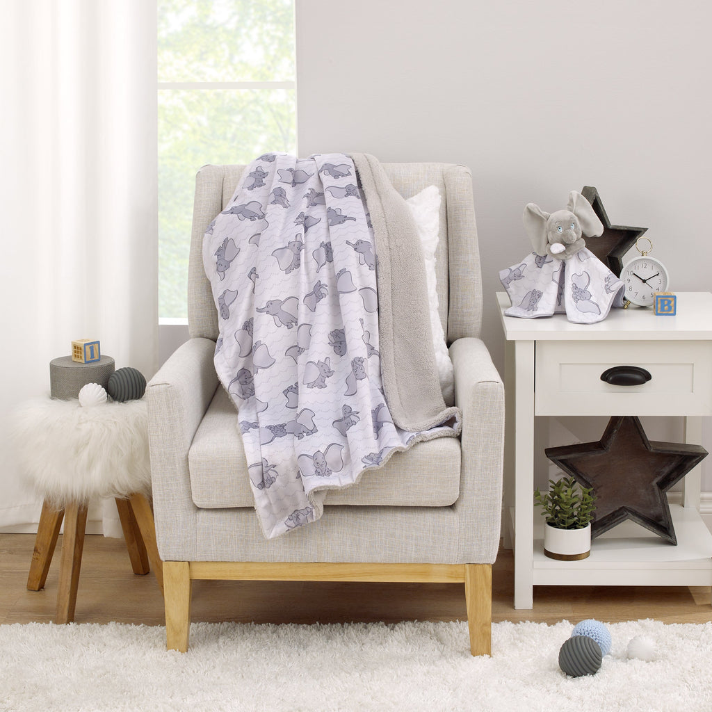 Dumbo Gray and White Super Soft Sherpa Baby Blanket and Security Blanket 2-Piece Gift Set