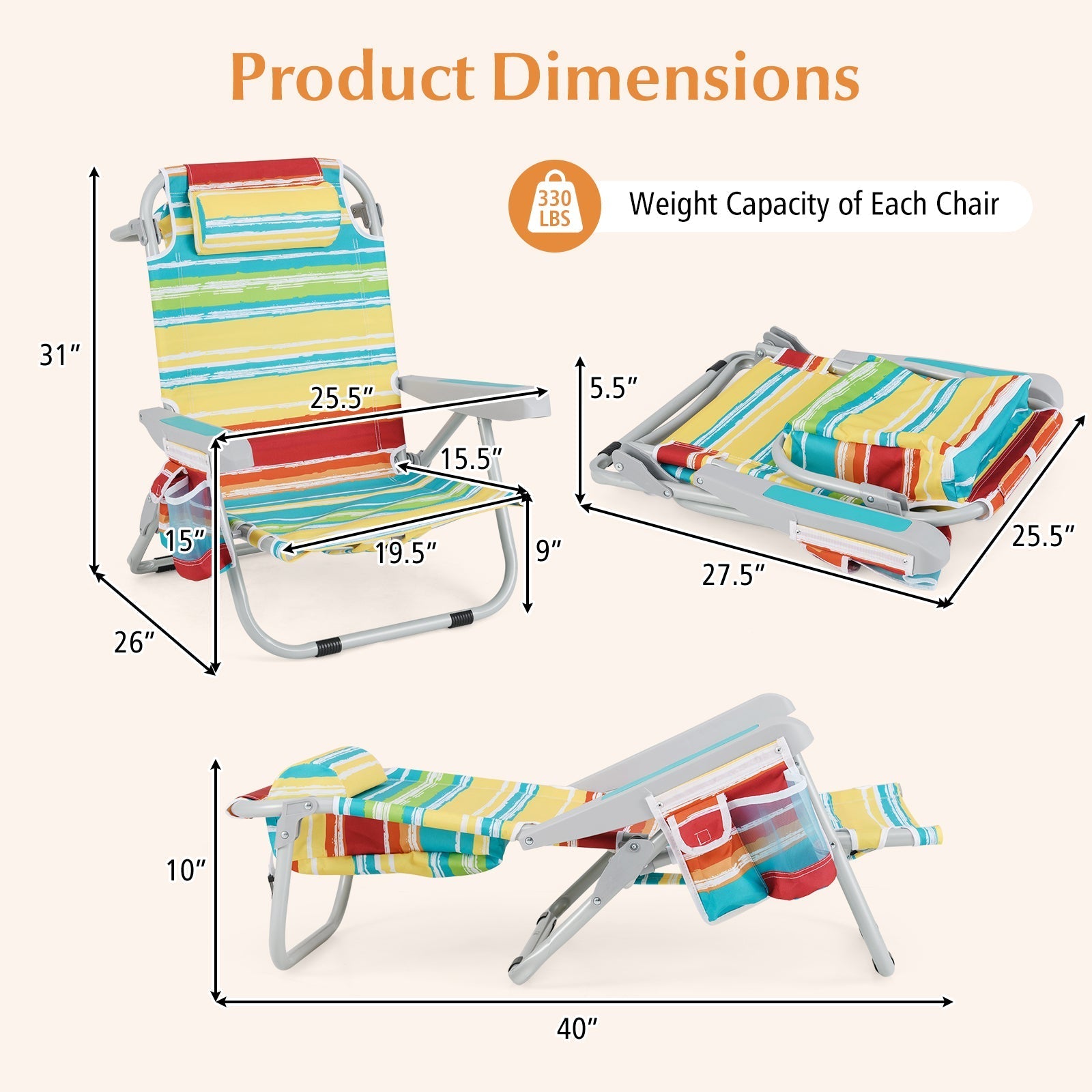 Foldable Backpack Beach Chair with Cup Holder and Storage Pockets Set of 2