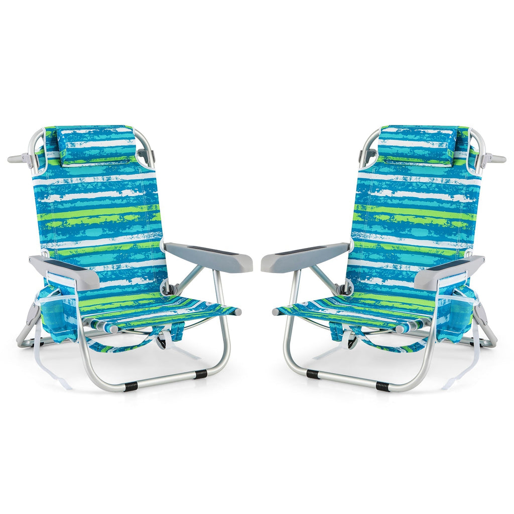 Foldable Backpack Beach Chair with Cup Holder and Storage Pockets Set of 2