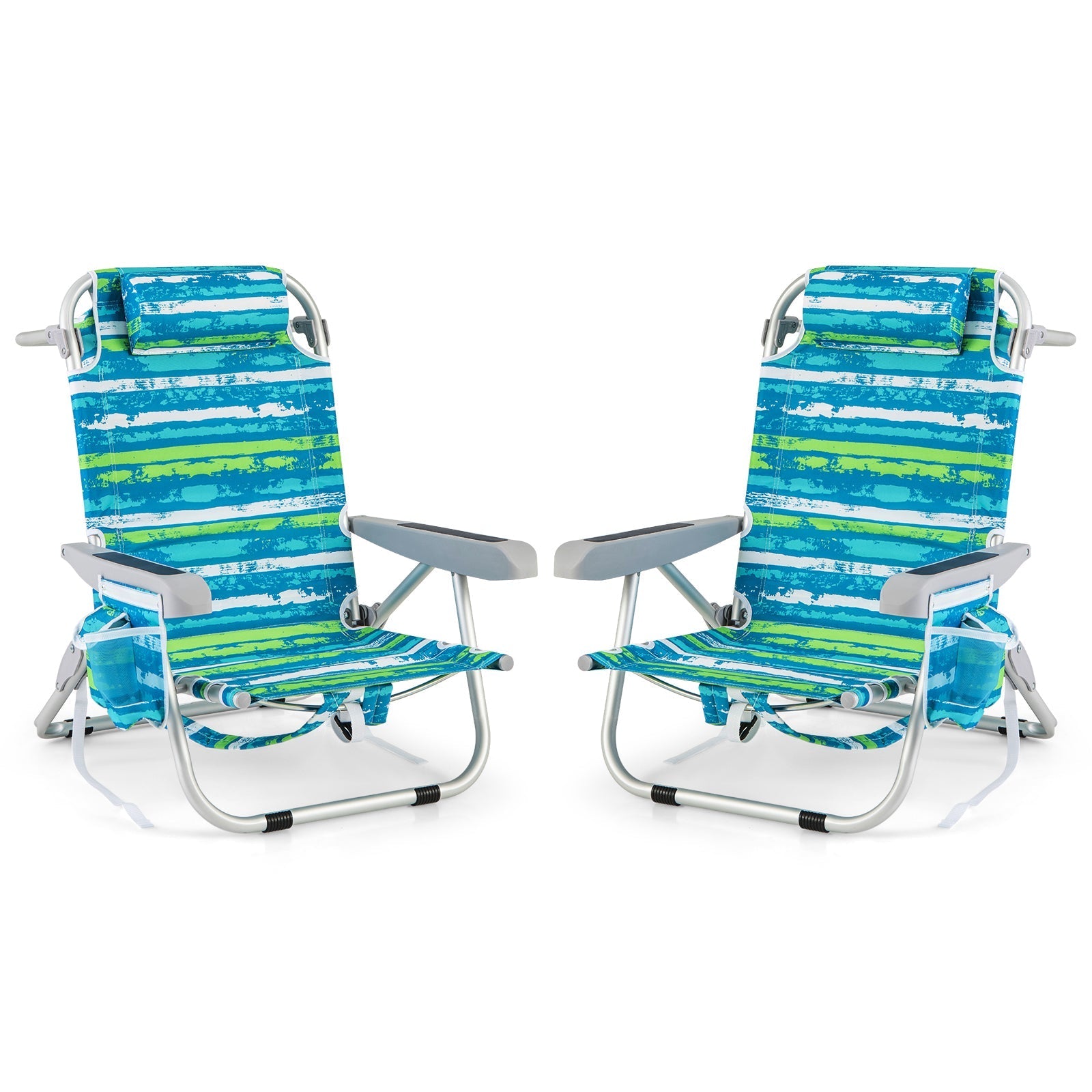 Foldable Backpack Beach Chair with Cup Holder and Storage Pockets Set of 2