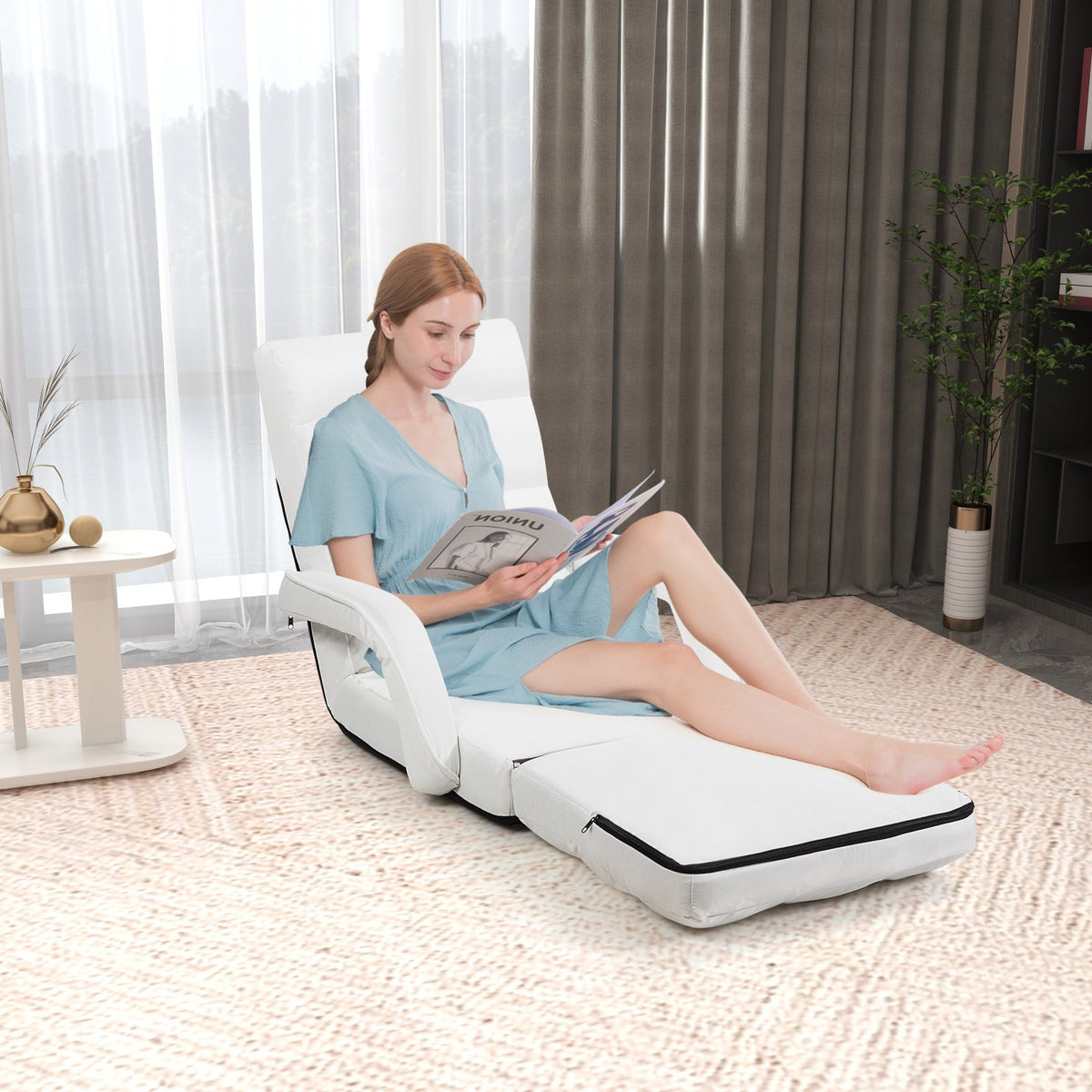 Folding Lazy Floor Chair Sofa with Armrests and Pillow