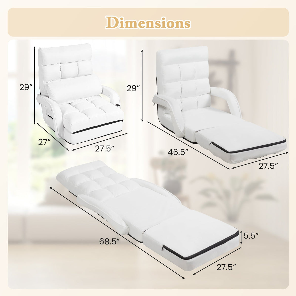 Folding Lazy Floor Chair Sofa with Armrests and Pillow