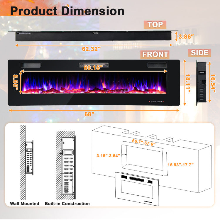 68" Ultra-Thin Recessed Electric Fireplace