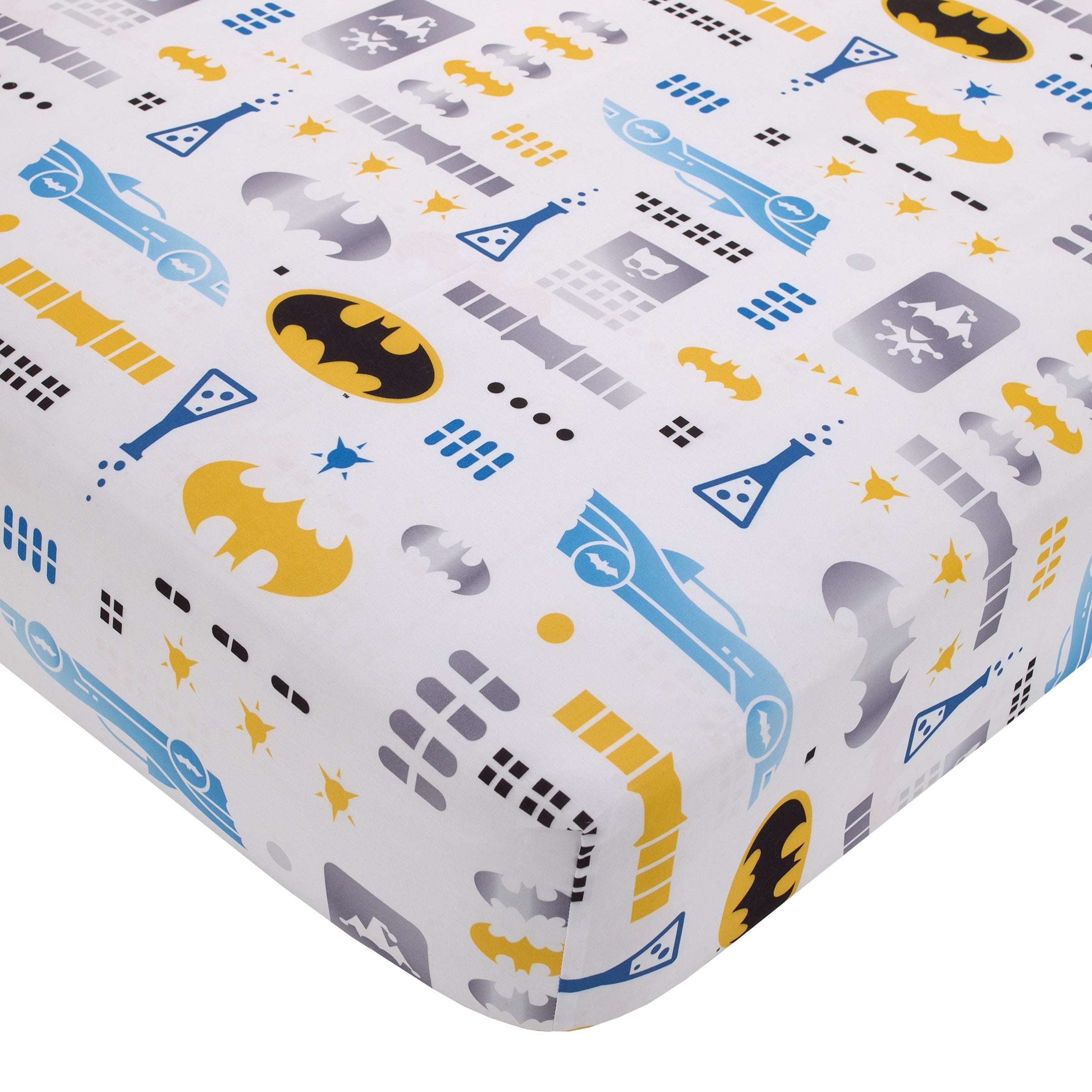 Warner Bros  Batman The Caped Crusader Blue, Gray, and Yellow Bat-Signal and Batmobile 2 Piece Toddler Sheet Set - Fitted Bottom Sheet and Reversible Pillowcase