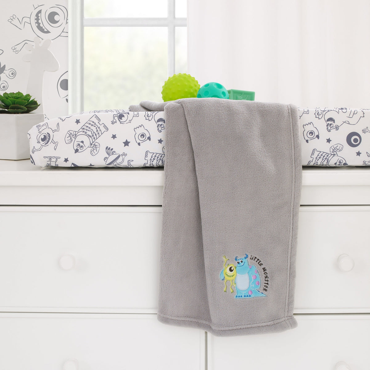 Disney Monsters, Inc. Cutest Little Monster Gray, and White Contoured Changing Pad Cover