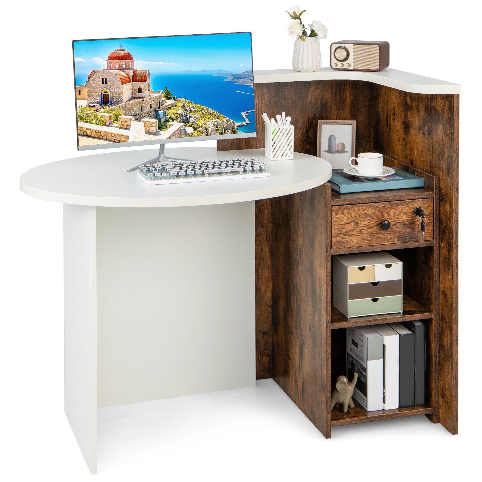 Front Reception Office Desk with Open Shelf and Drawer