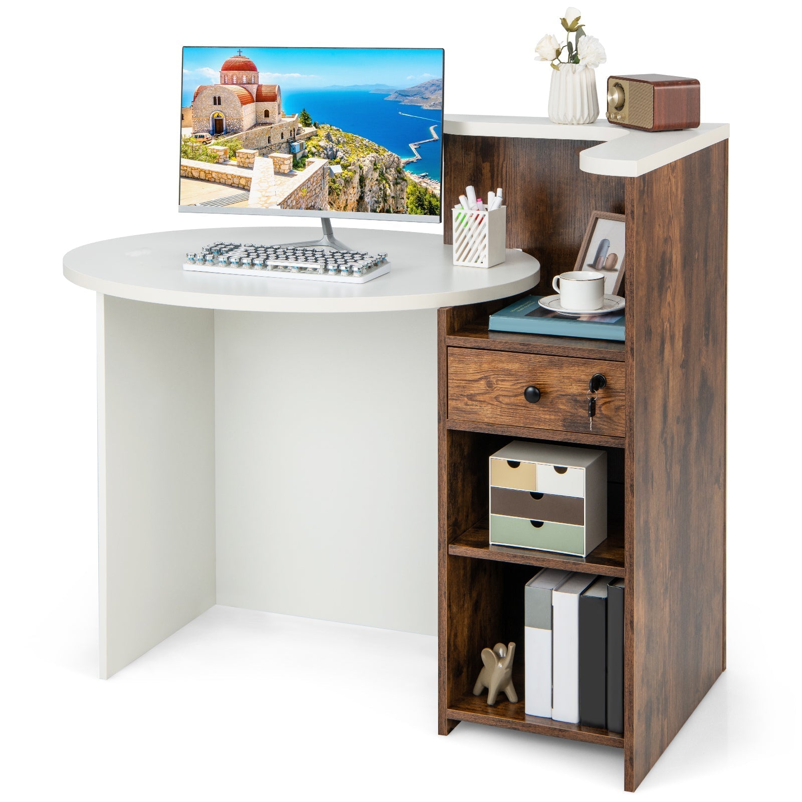 Front Reception Office Desk with Open Shelf and Drawer