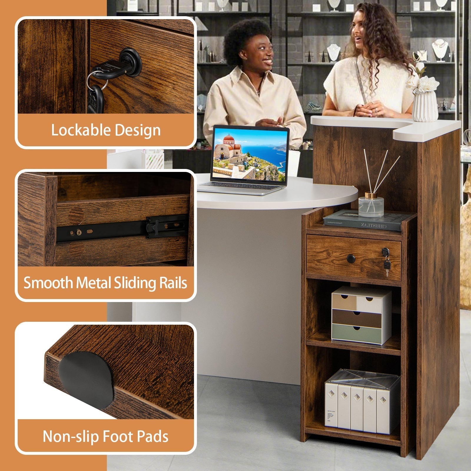 Front Reception Office Desk with Open Shelf and Drawer
