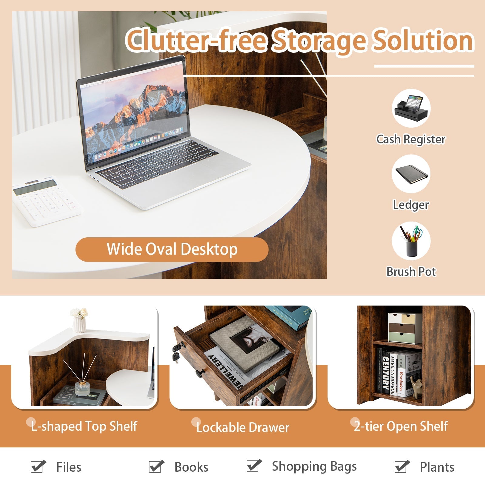 Front Reception Office Desk with Open Shelf and Drawer